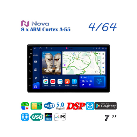 7'Автомагнитола NOVA TS18 ANDROID12 IPS/SIM/4GB/64GB/DSP/3RCA/BT/2USB/2Микр